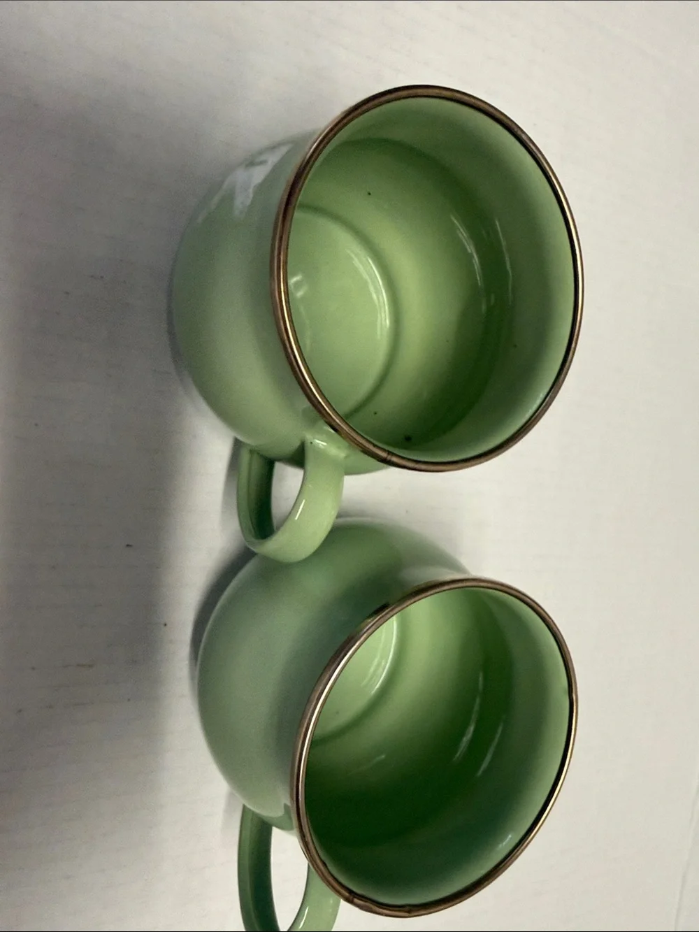 Pair of Green Ceramic Vases with Brass Rim